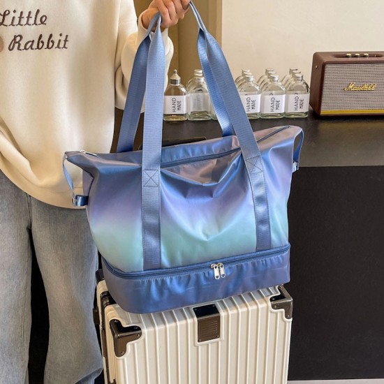 Women's fitness bags with gradient shading and large capacity. Shoe compartment travel bag, wet/dry separation, sports and fitness bag with trolley attachment