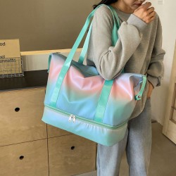 Women's fitness bags with gradient shading and large capacity. Shoe compartment travel bag, wet/dry separation, sports and fitness bag with trolley attachment